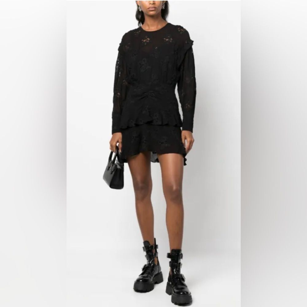 IRO Elegant long sleeve Black Lace Dress with black ruffles. 40